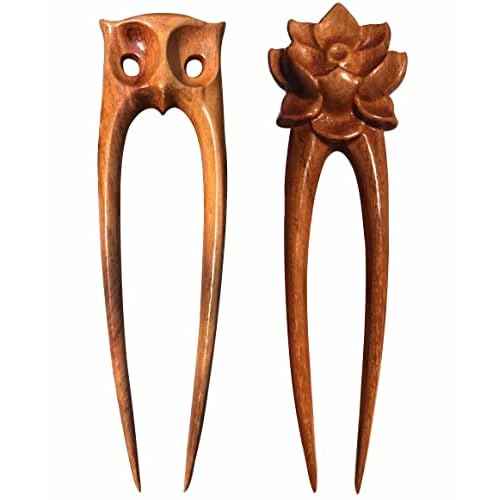 Handicraftviet Wood Hair Pin Hand-Carve Hair Forks for Women, Two Prong Hair sticks For Long Hair, 6.29in, Natural Color Wood, Unique Gift for Mother's Day ? Set 2 Owl and flower hair fork