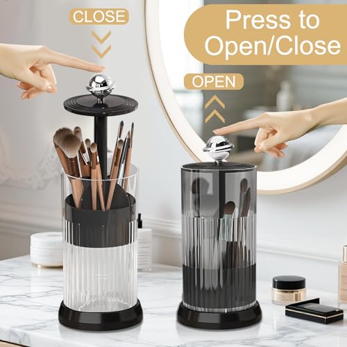 Makeup Brush Holder with Lid,One Touch Open 4 Slot Makeup Brush Case with Waterproof Dustproof, 360 Rotating Makeup Organizer for Vanity Desktop Counterto Bathroom (Black)