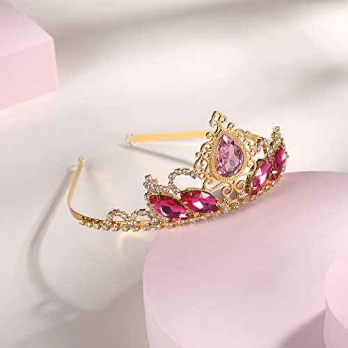 Pink Rhinestone Princess Tiaras Fairy Bridal Headpiece Birthday Halloween Gold Crown for Teen Girl