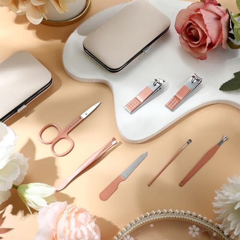 Geosar 50 Set 8 in 1 Travel Manicure Kit Bulk Professional Nail Clippers Pedicure Nail Care Tools Grooming Stainless Steel Set with Portable Travel Case, Gift for Christmas Men Women(Rose Gold)