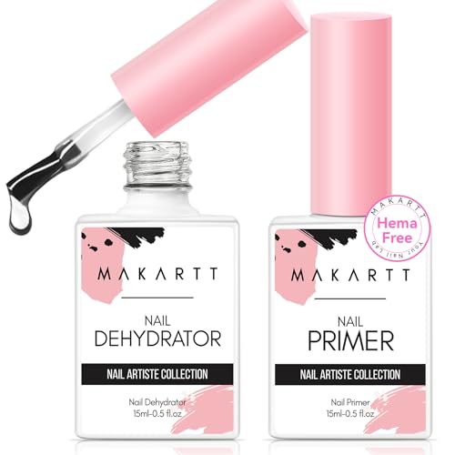 Makartt Nail Dehydrator and Primer Set: Acid Free Air Dry Nail Prep Dehydrate and Hema Free Nail Primer Professional Long-lasting for Acrylic Nails Powder UV Gel Polish(15ML/0.5 oz)