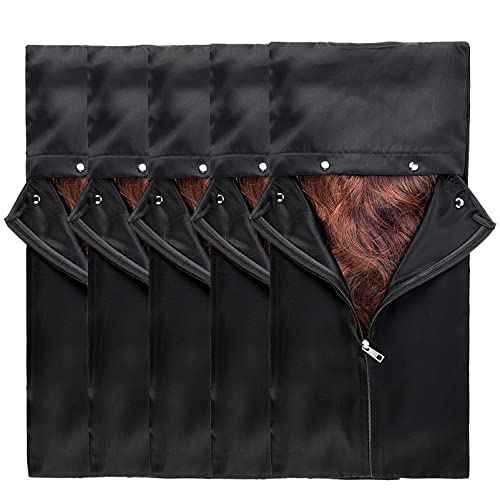 5 Pieces Satin Wigs Storage Bag Hair Extensions Holder Hairpieces Ponytail Bundles Carrier Case with Zipper Folding Hanging Protector Pouch for Travel Daily Use (Black)