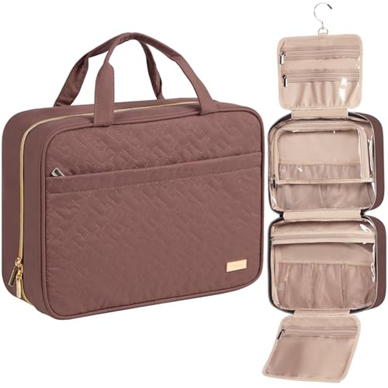 NISHEL Travel Toiletry Bag for women, Portable Hanging Organizer for Family-Sized Shampoo, Conditioner, Brushes Set, Makeup Accessories, Extra Large Size, Rosewood-Pink