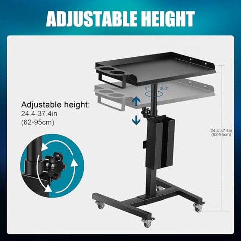 POARMEEY Tattoo Tray on Wheels Salon Rolling Tray Cart Made of Thickened Iron Adjustable Height Angle with Storage Space for Tattoo Studio Salon Medical