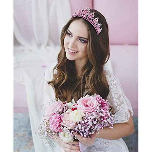 SuPoo Pink Birthday Crown and Sash Kit - Tiara With Rhinestones, Metal Crown With Comb, Glitter Sash, Crystal Headband, Princess Tiaras for Girls - Happy Birthday Decorations