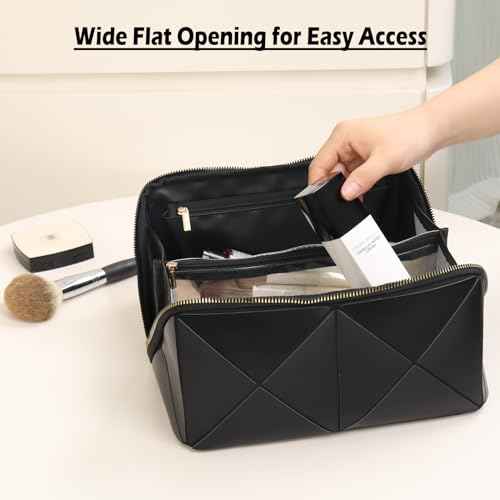 IMCUZUR Travel Makeup Bag Large Cosmetic Bag for Women, Open Flat Make up Bag Portable Skincare Bag with Handle (Black)