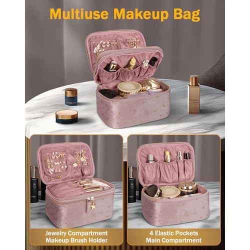 Wedama Makeup Bag Gift for Women, Double-layer Cosmetic Bag with Jewelry Storage and Brush Holder 3 Pcs Velvet Makeup Organizer Bag Gift Set Travel Toiletry Bag for Women Girls, Pink