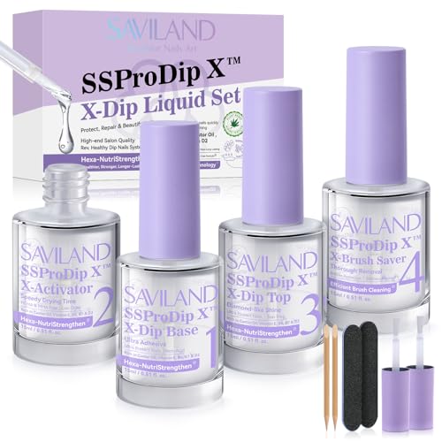 SAVILAND Dip Powder Liquid Set: 15 ml/0.5 Fl.oz Nail Dipping System Essentials for Beginners - HEMA-free Dip Base, Top, Activator, Brush Saver - Strengthen Nails DIY at Home, No Nail Lamp Needed
