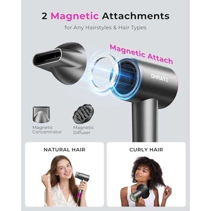SHRATE Professional High Speed Ionic Hair Dryer | Ultra-Fast Drying | 500 Million Negative Ions | Low Noise | 160000 RPM | Compact Blow Dryer with Magnetic Diffuser for Faster Drying All Hair Types