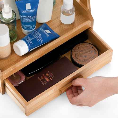 Lyellfe 2 Tier Bamboo Makeup Organizer, Bathroom Counter Organizer with Drawer, Multi-purpose Cosmetic Perfume Display Stand for Skincare, Lipstick, Jewelry, Brush, Easy Assembly