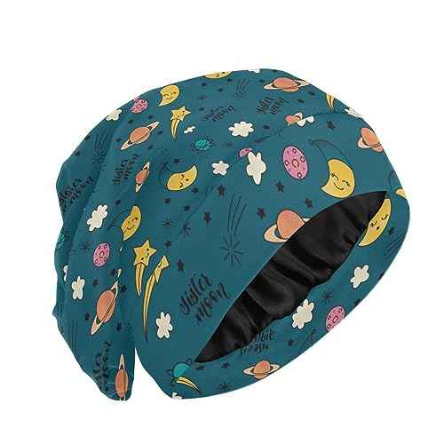 Satin Bonnet Hair Wrap for Sleeping - Lined Sleep Cap for Curly Hair Women & Men - Moon Cloud Dark Green