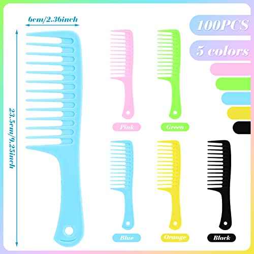 Vesici 100 Pieces Colorful Wide Tooth Comb Bulk Detangling Pocket Comb with Round Handle for Barber Charity Hotel Christmas Gifts Flat Hair Long Curly Wet Hair Cutting, 5 Colors