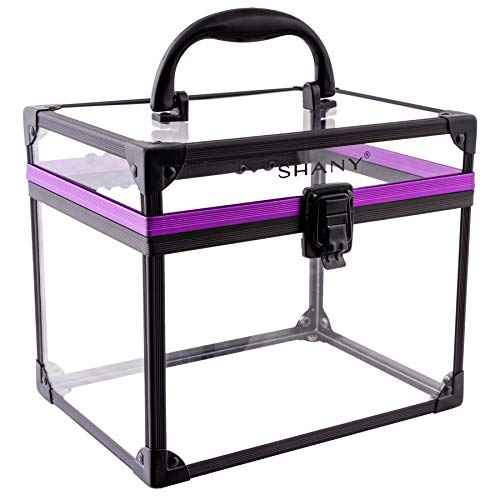 SHANY Clear Cosmetics and Toiletry Train Case - Clear Travel Makeup Bag Case Organizer with Secure Closure and Black/Purple Accents - Extra Large
