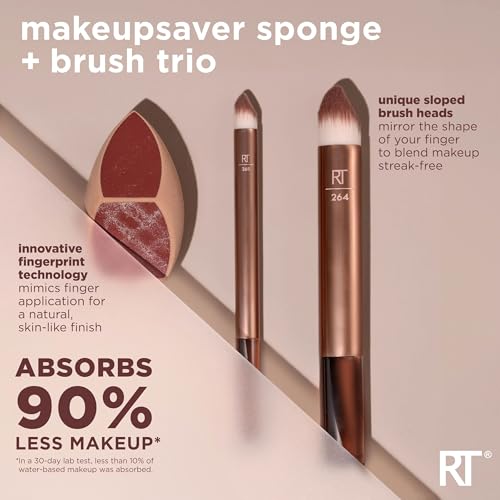 Real Techniques Makeupsaver Sponge + Brush Trio, Makeup Blending Sponge & Brushes For Liquid & Cream Foundation, Natural Finish & Reduces Makeup Waste, Cruelty & Latex-Free, 3 Piece Set
