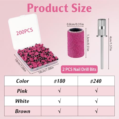 BEVTEE 200Pcs Sanding Bands for Nail Drill, 180 Grit Small Nail Sanding Bands, with 2pcs 3/32'' Nail Drill Bits, for Acrylic Nails Gel Manicures and Pedicure, Pink, Including a Dedicated Organizer