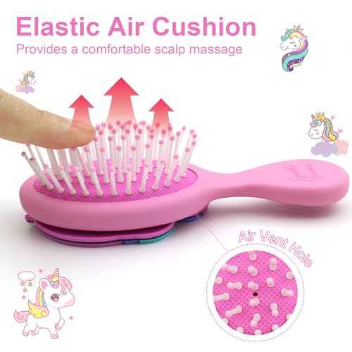 Toddler Hair Brush - Mini Hair Brush for Kids - Travel Brush for Boys and Girls - Unicorn Brush with Air Cushion - Pink
