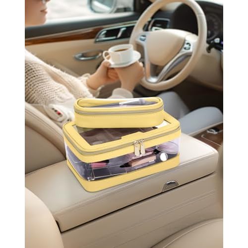 Travel Clear Makeup Bag with Makeup Brush Bag, Leather Makeup Case Toiletry Bag, Portable Cosmetic Bag Case, Transparent Waterproof Cosmetic Organizer Storage Bag for Women, Yellow