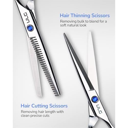 ULG Hair Cutting Scissors Thinning Shears Kit Professional Hairdressing Texturizing Salon Razor Edge Scissor Barber Kit Plus 6.5 inch Silver