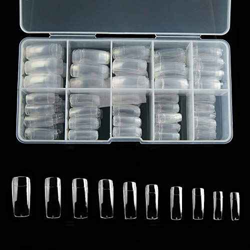 Half Cover Acrylic False Nail Tips, 1000PCS Fake Nail Shape Artificial False Nails Tips 10 Sizes with Case for Nail Art Salons and Home DIY (Clear+Natural)