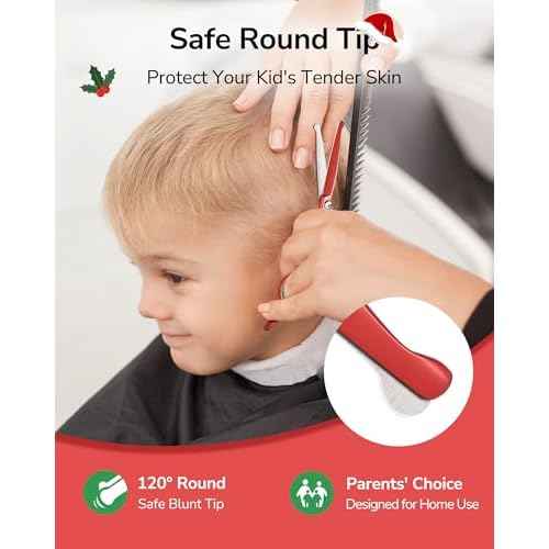 ULG Kids Hair Cutting Scissors Set - Safe Round Tip Shears for Toddlers, Adults & Pets, Professional Japanese Stainless Steel, 30-Tooth Thinning & Razor Edge Barber Kit with Comb & Case, Christmas Red