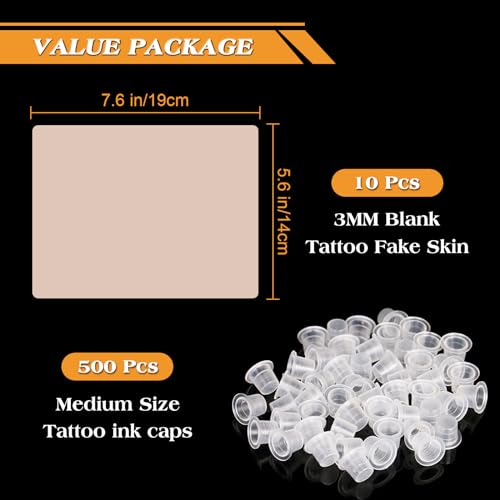 3MM Tattoo Fake Skin with Medium Ink Cups - Ruicoo 510Pcs Tattoo Practice Skin with Tattoo Ink Caps Kit Include 10Pcs 3MM Tattoo Fake Skin and 500Pcs Medium Plastic Pigment Caps