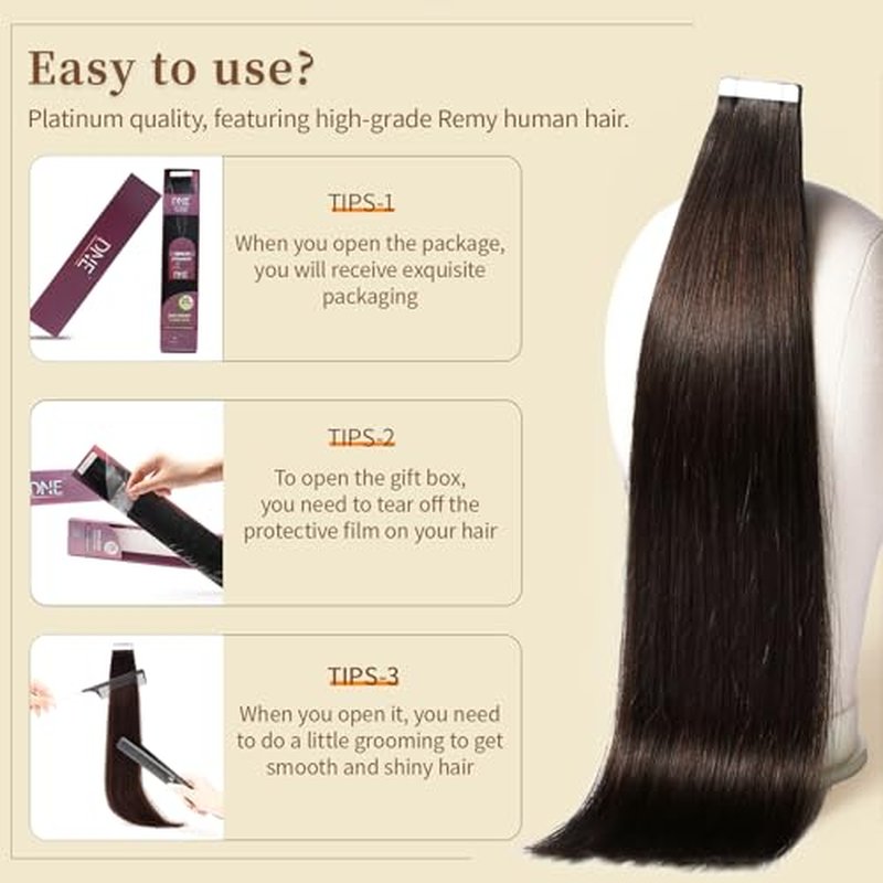 DNE Tape in Hair Extensions Real Human Hair 16 inches 20Pcs/40g/Pack Seamless #2 Dark Brown Dark Color Straight Invisible Double Sided Tape in Hair Extensions for Women/Girls Can Bleached and Curl