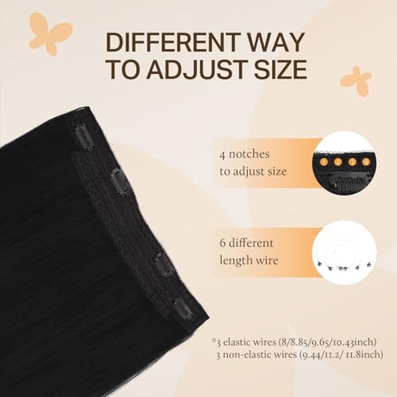 DOORES Hair Extensions Real Human Hair, Jet Black 120g 22 Inch, Wire Hair Extensions Adjustable Size Straight Long Hair Extensions Remy Hair Invisible Hairpieces for Women