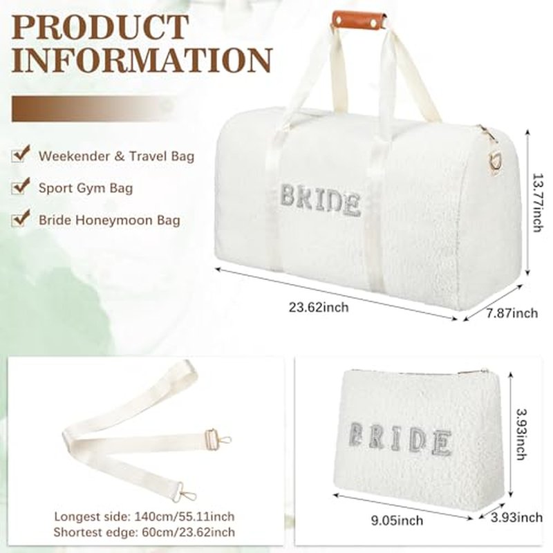 2 Pcs Bride Travel Bag Bridal Shower Gifts Wool Plush Bride Weekender Bag with Shoes Compartment Shoulder Pearl Rhinestone Patch Makeup Gift for Wedding Engagement Honeymoon