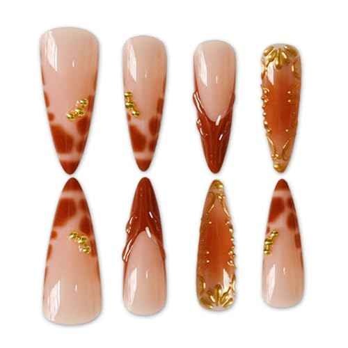 Long Stiletto Press on Nails Brown French Tip Fake Nails with 3D Gold Rhinestone Design Full Cover Glossy Glue on Nails Acrylic False Nails for Women Girls 24 Pcs (Brown-23, L-23)
