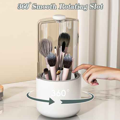 Makeup Brush Holder with Dustproof Cover, Clear 360 Rotating Make Up Brushes Organizer for Counter Vanity Bathroom, White