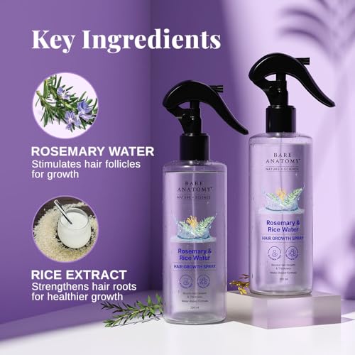 Bare Anatomy Nature x Science Rosemary Water Spray for Hair Growth & Hair Thickness with Rice Water |100% Natural Extract | Soft & Smooth Hair| Controls Hairfall| Non-Greasy & Fast Absorbing | 200ml