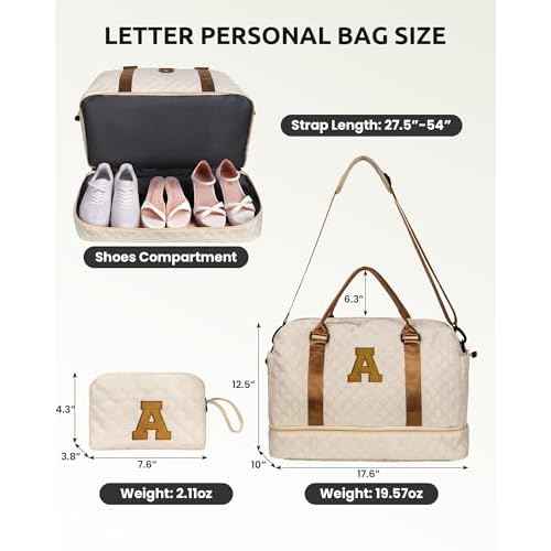 Initial Duffle Bag with Shoe Compartment, Personalized Weekender Bag, Monogram Overnight Bag for Women with Trolley Sleeve & Wet Pocket, Letter Travel Bag with Makeup Bag (Letter K)