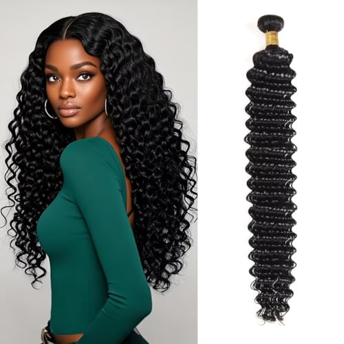 12A Human Hair Bundles 16 Inch Deep Wave Bundles Human Hair 100% Unprocessed Brazilian Virgin Deep Curly Weave 1 Bundle Water Wavy Hair Extensions Real Human Hair 1B Bundle for Women