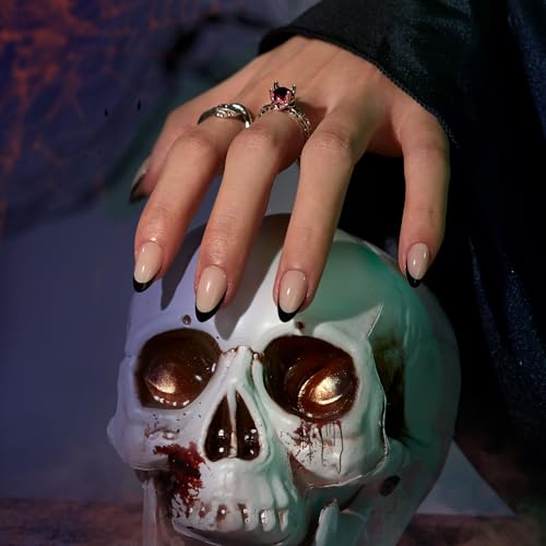 BTArtbox French Tip Press On Nails Almond - Black Press on Nails Short, Glue On Nails for Women Gift, Supremely Fit Natural Reusable Stick On Nails in 16 Sizes - 32 Fake Nails Kit, Black French