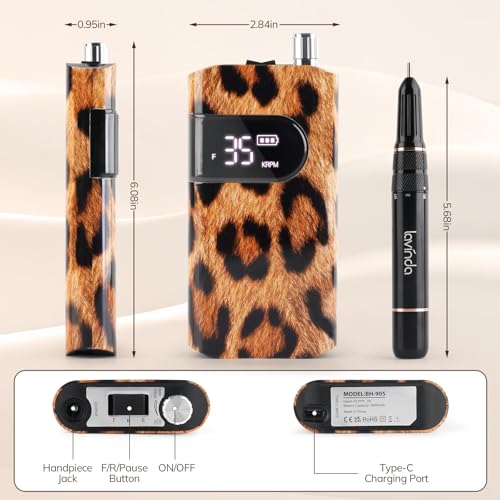 Lavinda 35000RPM Electric Nail Drill, Professional Cordless Nail Drill Machine Portable Rechargeable Nail Efile for Acrylic Gel Nails, Manicure Pedicure Tools for Salon Home Use-Leopard Print