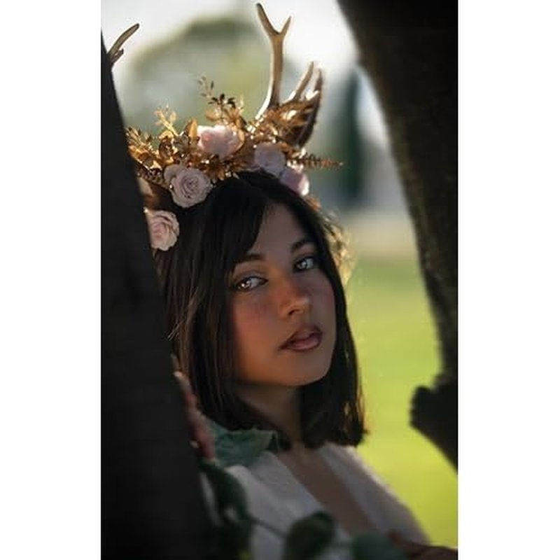 MOSTORY Handmade Gold Flower Antler Headband - Woodland Floral Reindeer Headpiece with Deer Ears Forest Fairy Hairband for Women Girls Renaissance Halloween Cosplay Party Prom Photo Props Pink Rose