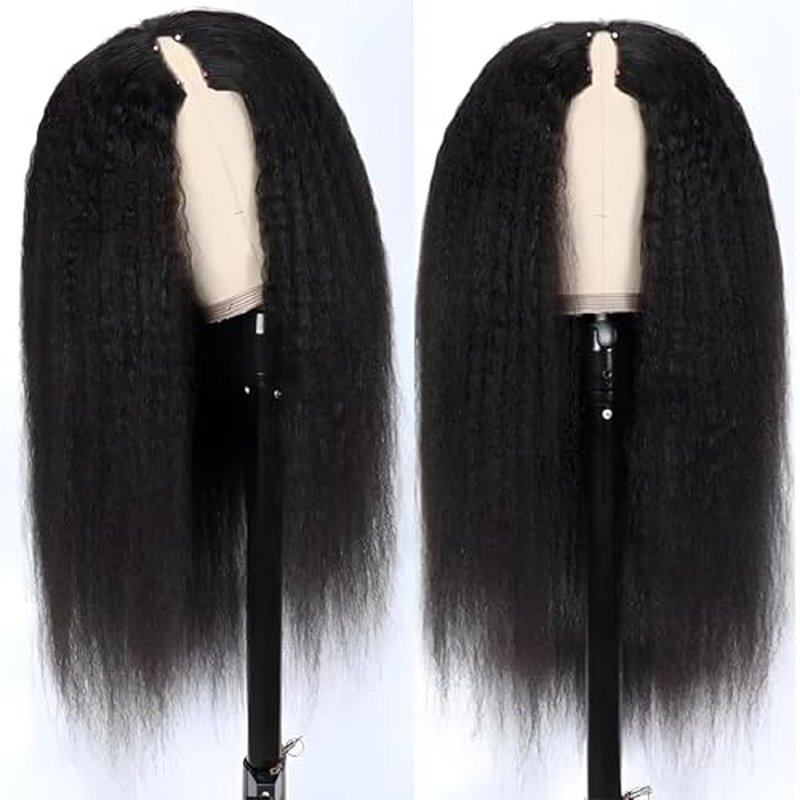 V Part Wig Human Hair Kinky Straight 22 Inch V Part Wig Yaki Straight Clip in Half Wigs for Black Women Human Hair Glueless No Leave Out 180% Density Natural Color