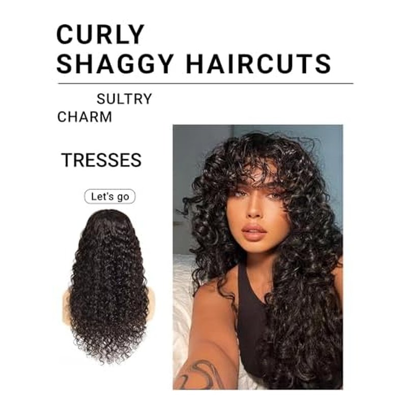 Curly Wig with Bangs Human Hair for Black Women 4x4 HD Lace Closure Wigs Human Hair long Black Wig with Bangs Glueless Wigs Human Hair 22inch