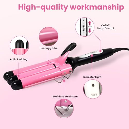 3 Barrel Curling Iron - 1" Professional Ceramic Hair Crimper with Dual Voltage & 2 Temperature Settings | 25mm Triple Barrel Waves Wand for Fast Heating Styling | Pink