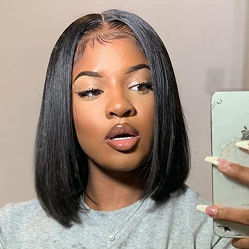 ISEE Hair Glueless Wear and Go Wigs for Beginners Lace Front for Black Women Human Hair Short Straight Bob Human Hair Wigs Lace Pre Cut 14 Inch