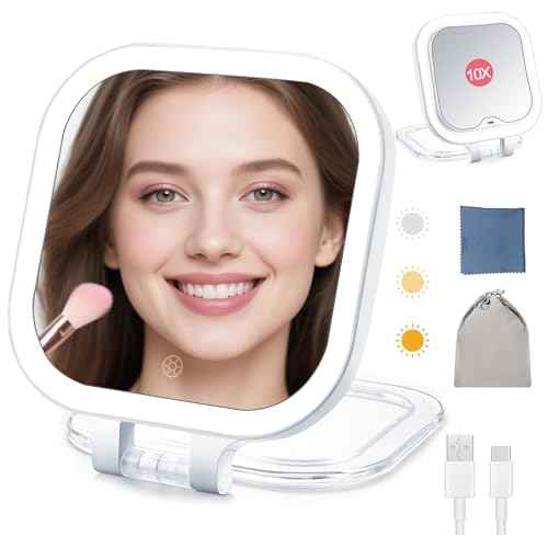 Travel Makeup Mirror with Lights and Magnification, Rechargeable Large Lighted Beauty Mirror with 3 Color, Portable 1x/10x Magnifying Vanity Mirror, Double Sided Led Folding Compact Mirror,Dimmable