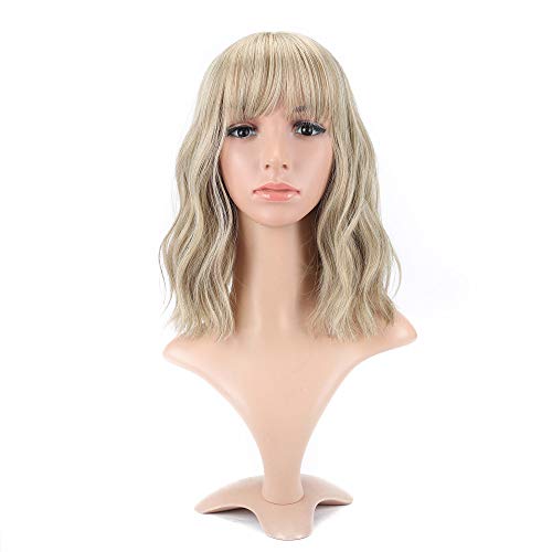 VCKOVCKO Natural Blonde Wigs With Air Bangs for Women Women's Shoulder Length Curly Wavy Synthetic blonde wig with bang Wigs Blonde Wig for White Women Girls (12", Mix Blonde)