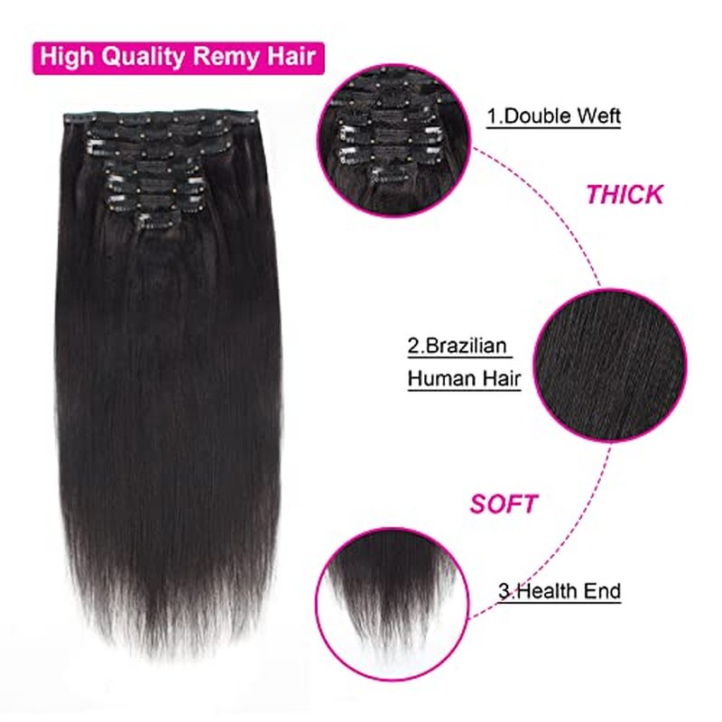 Lovrio Light Yaki Straight Clip in Human Hair Extensions Double Weft Straight Clip in Hair Extensions Human Hair for Black Real Thick 22 Inch Natural Black Yaki Clip ins Hair120G 7 Pieces, 17 Clips