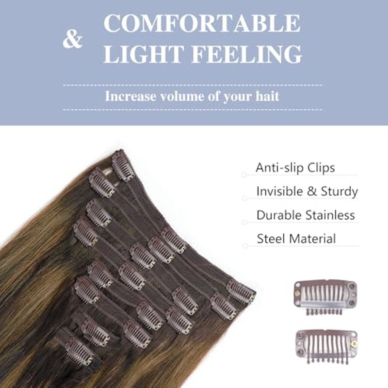 Straight Clip In Hair Extensions Real Human Hair 8Pcs Clip In Balayage Dark Brown to Chestnut Brown Human Hair Extensions with 18Clips Lace Weft 120g 24inch