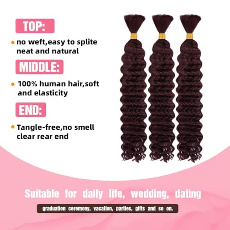 Human Braiding Hair, 3 Bundle 150g 18 Inch Boho Braids Human Hair 10A Deep Wave Bulk Brazilian Virgin No Weft Wavy Hair Extension for Boho Knotless Bohemian Micro Braid Bulk for Braiding 99J
