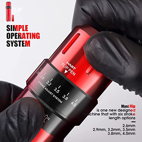 Mast Flip Complete Tattoo Kit -Wireless Cartridges Tattoo Machine with 7 Adjustable Strokes 2.6-4.0mm 2 Batteries Power Supply 20 Pro Needles Ideal for Lining Shading Coloring Professional Starter Set