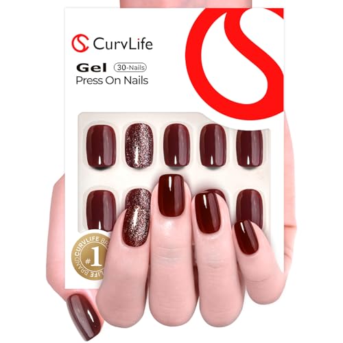 Curvlife 30pcs Press on Nails, Short Square Acrylic Fake Nails with Wine Red Glitte Apricot Design Full Cover False Glossy Nude Artificial for Women