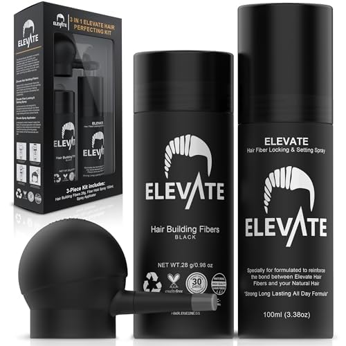 ELEVATE Hair Perfecting 3-in-1 Kit Set Includes Natural Hair Thickening Fibers & Spray Applicator Pump Nozzle & Locking Setting Hold Spray | Instantly Conceal Balding and Thinning Areas (Black)