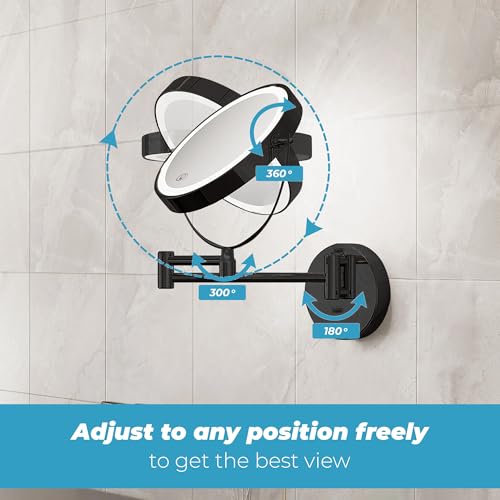 Fab Glass and Mirror Rechargeable 8" Lighted Vanity Makeup Mirror, Dual-Sided 1X/10X Magnification with 3 Color LED Touch Control, Dimmable & Rotating Wall Mounted Design (Black)