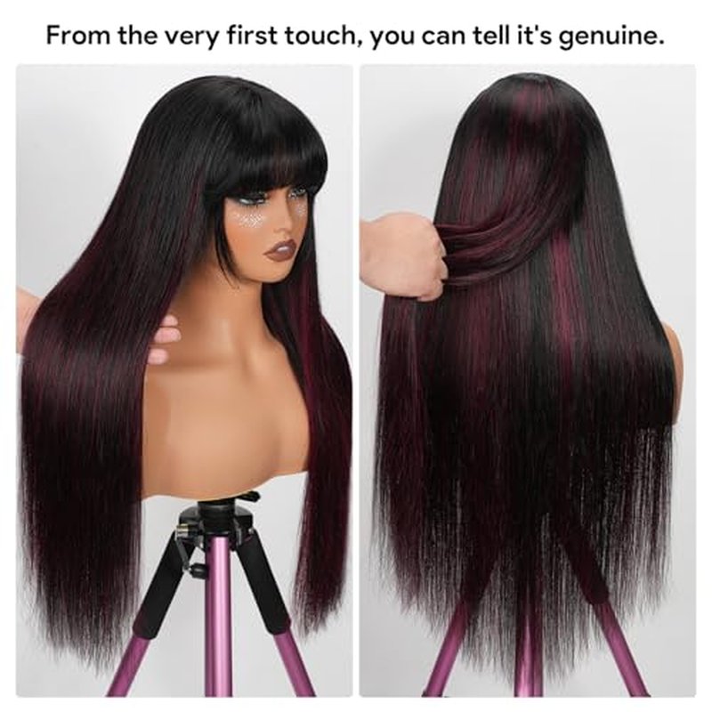 Ruiyu 1B/99J Burgundy Human Hair Wig with Bangs Balayage 2x4 HD Lace Closure Front Burgundy Highlight Straight Bang Wig Straight Wear and Go Glueless 100% Brazilian Human Hair for Women 16 Inch